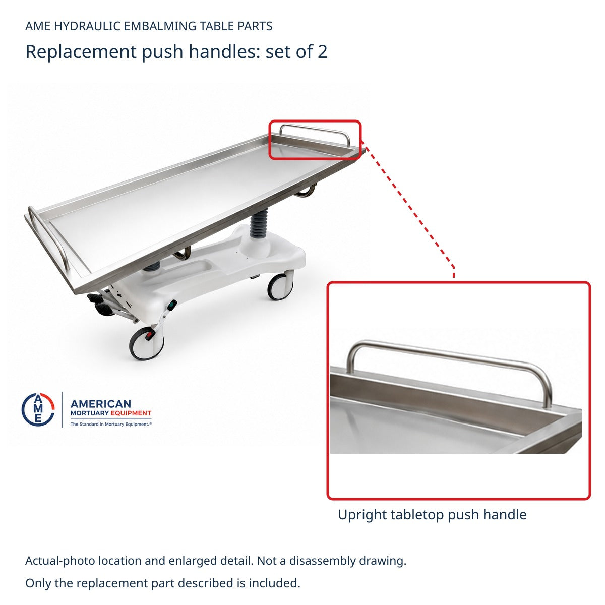 AME Embalming Table Replacement Push Handles - Set of 2; AME-HT-PH-SET2; actual-photo part identification reference