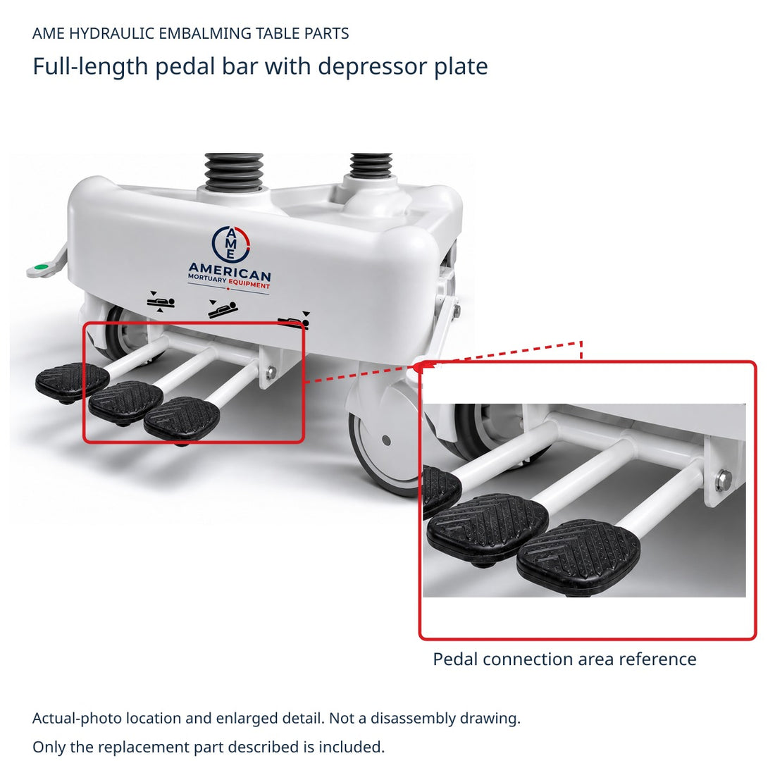 AME Hydraulic Embalming Table Full-Length Pedal Bar with Depressor Plate