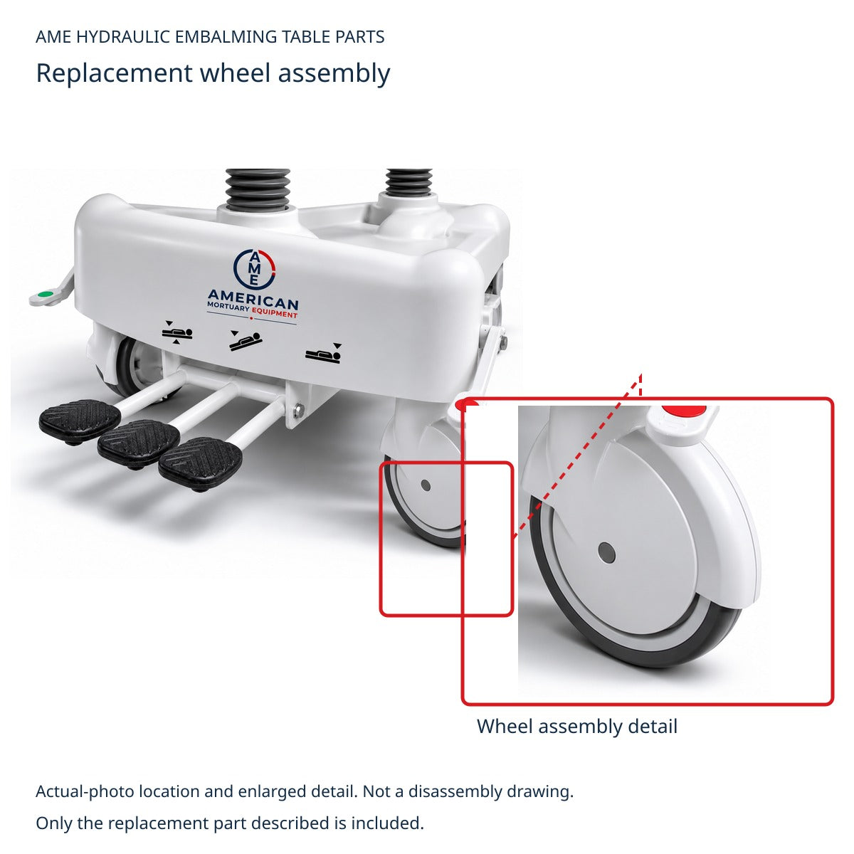 AME Hydraulic Embalming Table Replacement Wheel Assembly; AME-HT-WHL; actual-photo part identification reference