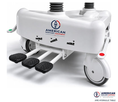 AME hydraulic embalming table foot-pedal controls and stain-resistant base detail