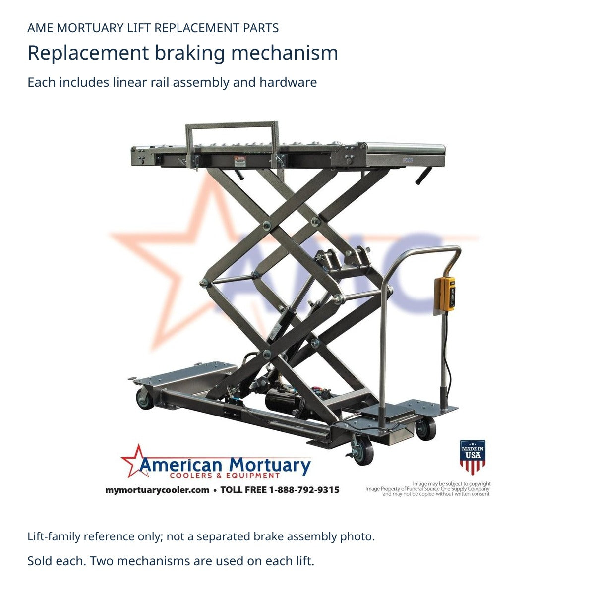 AME Low Profile mortuary lift shown for compatible-family identification; removed braking mechanism and linear rail are not pictured