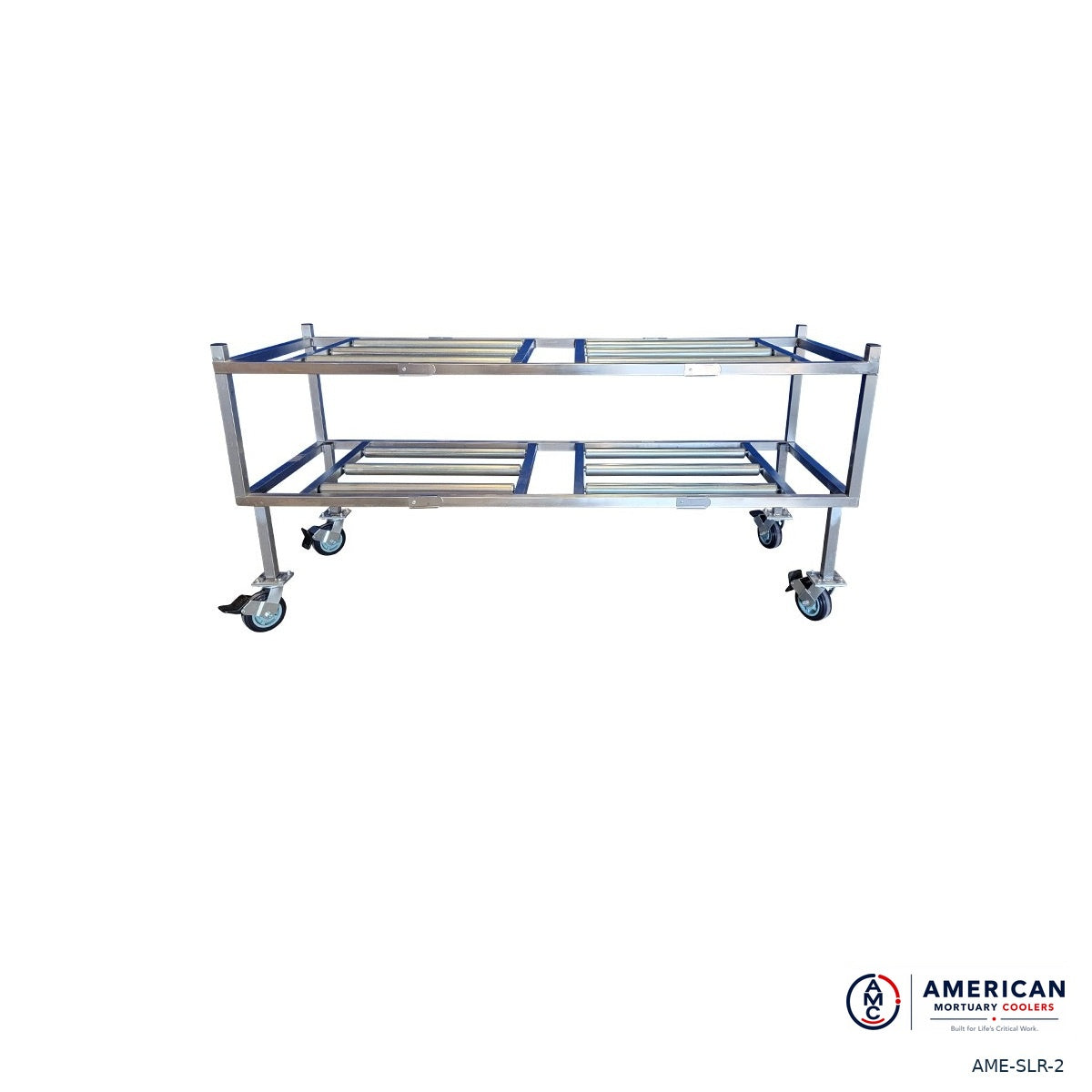 AME SLR-2 two-tier side-load cadaver roller storage rack, front view of roller decks and caster base