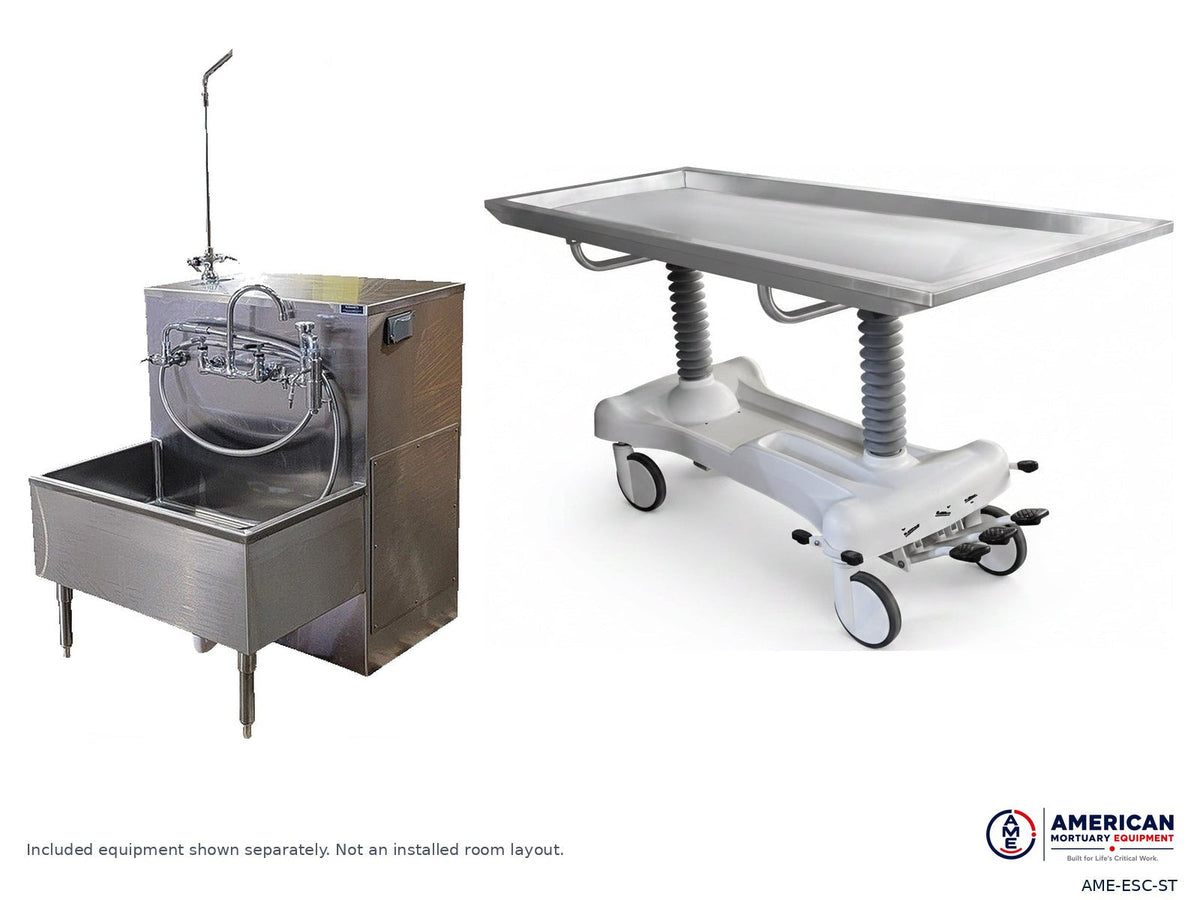 AME embalming system package with standard hydraulic table and 1036-ES stainless steel sink station; equipment shown separately