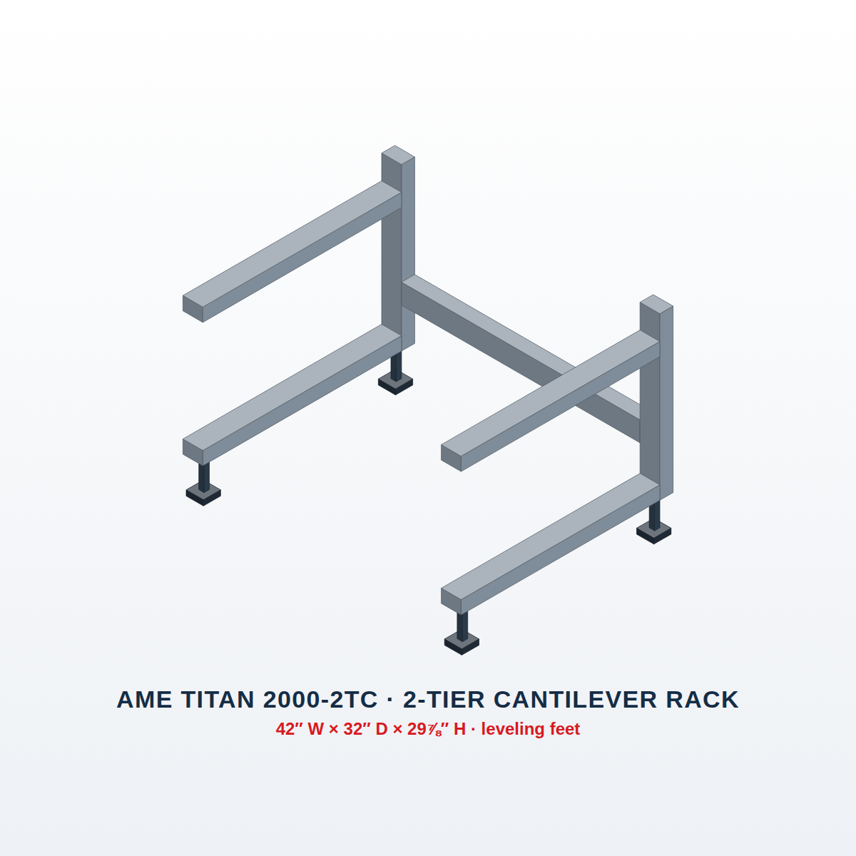 AME TITAN 2000-2TC 2-tier cantilever mortuary rack on leveling feet, 3D illustration with 42 x 32 inch footprint