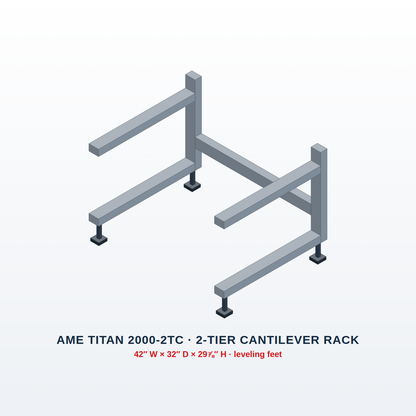 AME TITAN 2000-2TC 2-tier cantilever mortuary rack on leveling feet, 3D illustration with 42 x 32 inch footprint