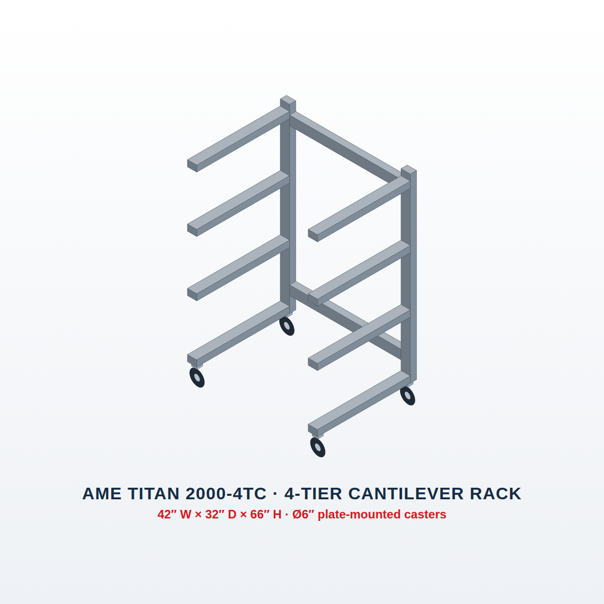 AME TITAN 2000-4TC 4-tier cantilever mortuary rack on 6-inch plate-mounted casters, 3D illustration with 42 x 32 inch footprint