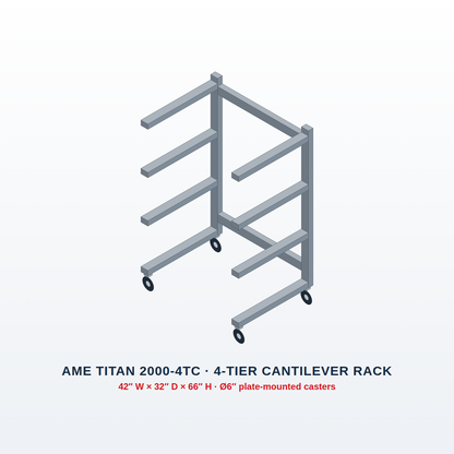AME TITAN 2000-4TC 4-tier cantilever mortuary rack on 6-inch plate-mounted casters, 3D illustration with 42 x 32 inch footprint