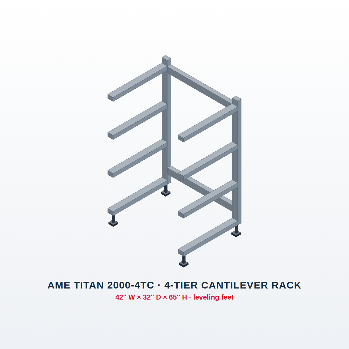 AME TITAN 2000-4TC 4-tier cantilever mortuary rack on leveling feet, 3D illustration with 42 x 32 inch footprint