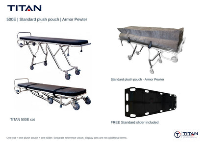TITAN 500E package, Armor Pewter: selected Standard plush pouch shown, plus included free Standard slider board. One cot supplied; separate reference views.