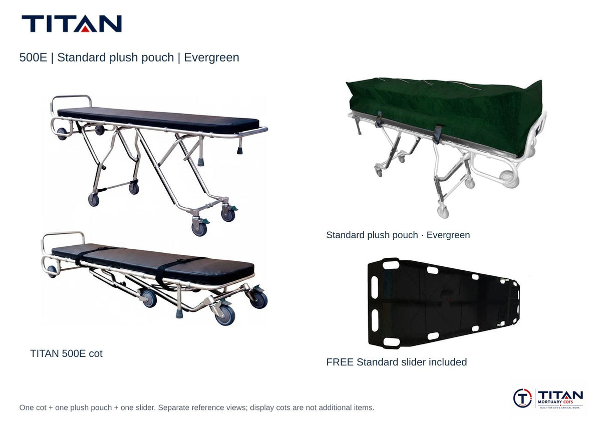 TITAN 500E package, Evergreen: selected Standard plush pouch shown, plus included free Standard slider board. One cot supplied; separate reference views.