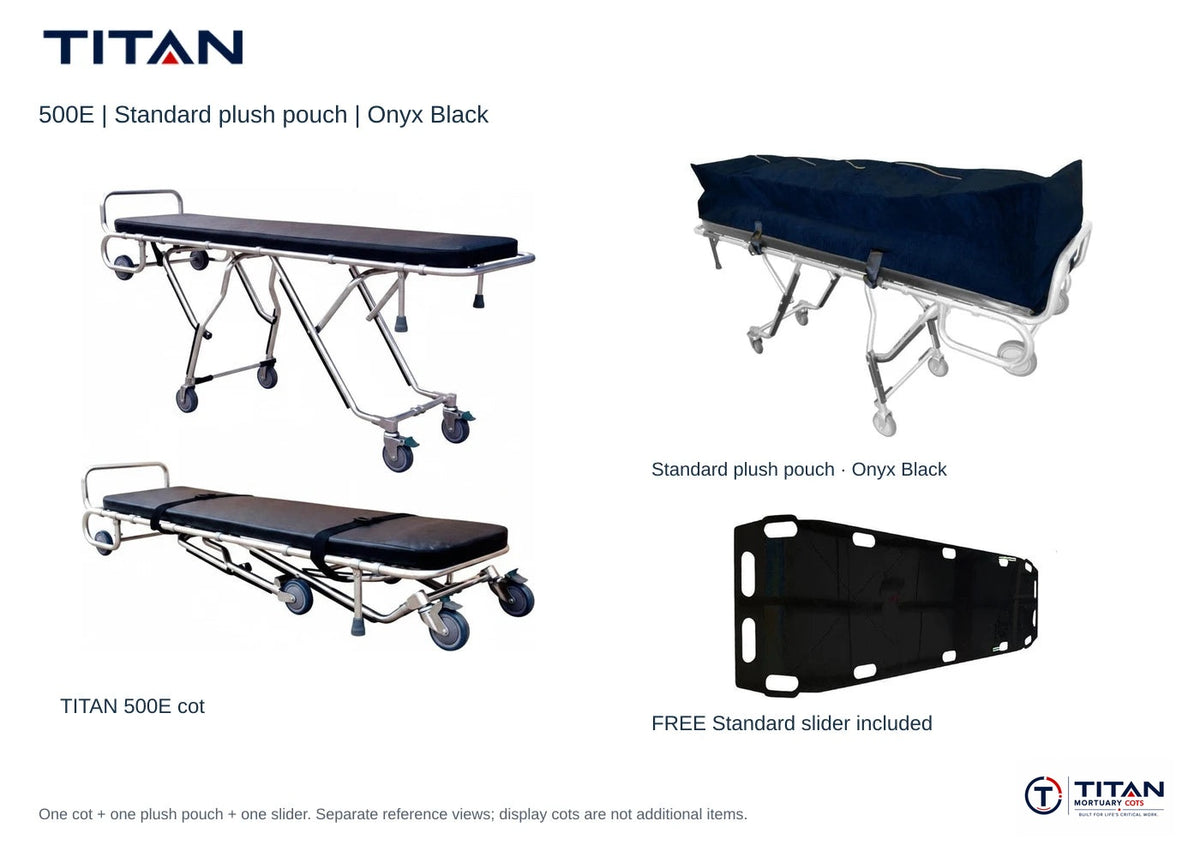 TITAN 500E package, Onyx Black: selected Standard plush pouch shown, plus included free Standard slider board. One cot supplied; separate reference views.