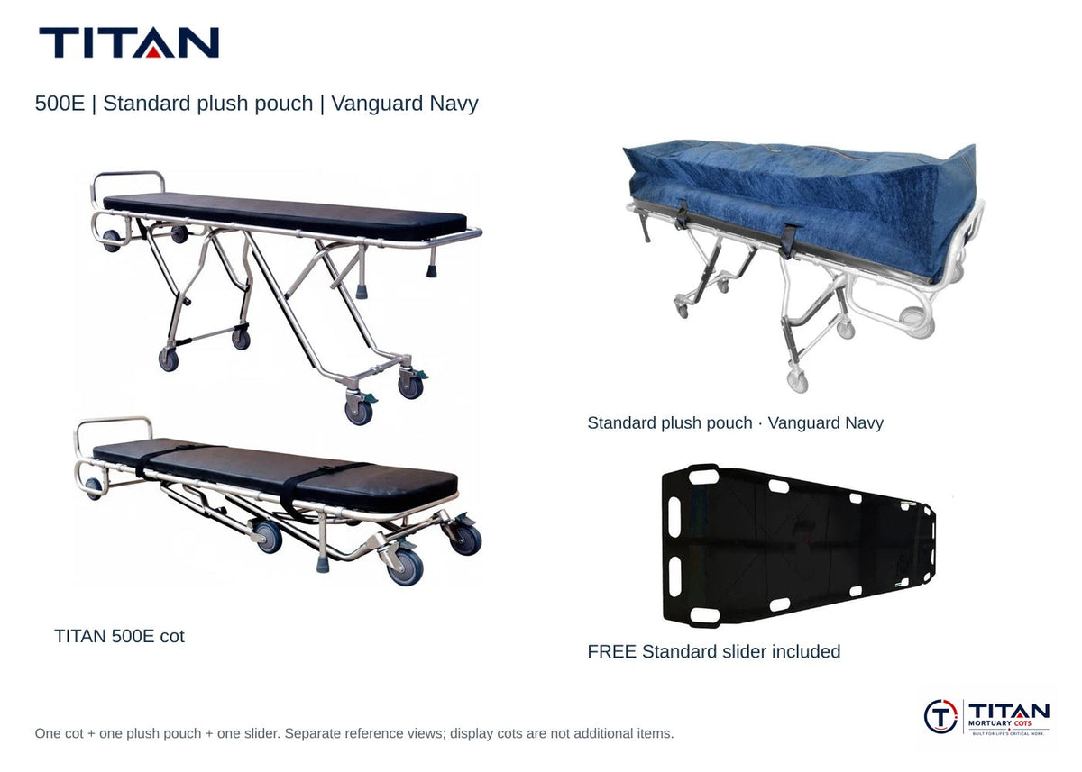 TITAN 500E package, Vanguard Navy: selected Standard plush pouch shown, plus included free Standard slider board. One cot supplied; separate reference views.