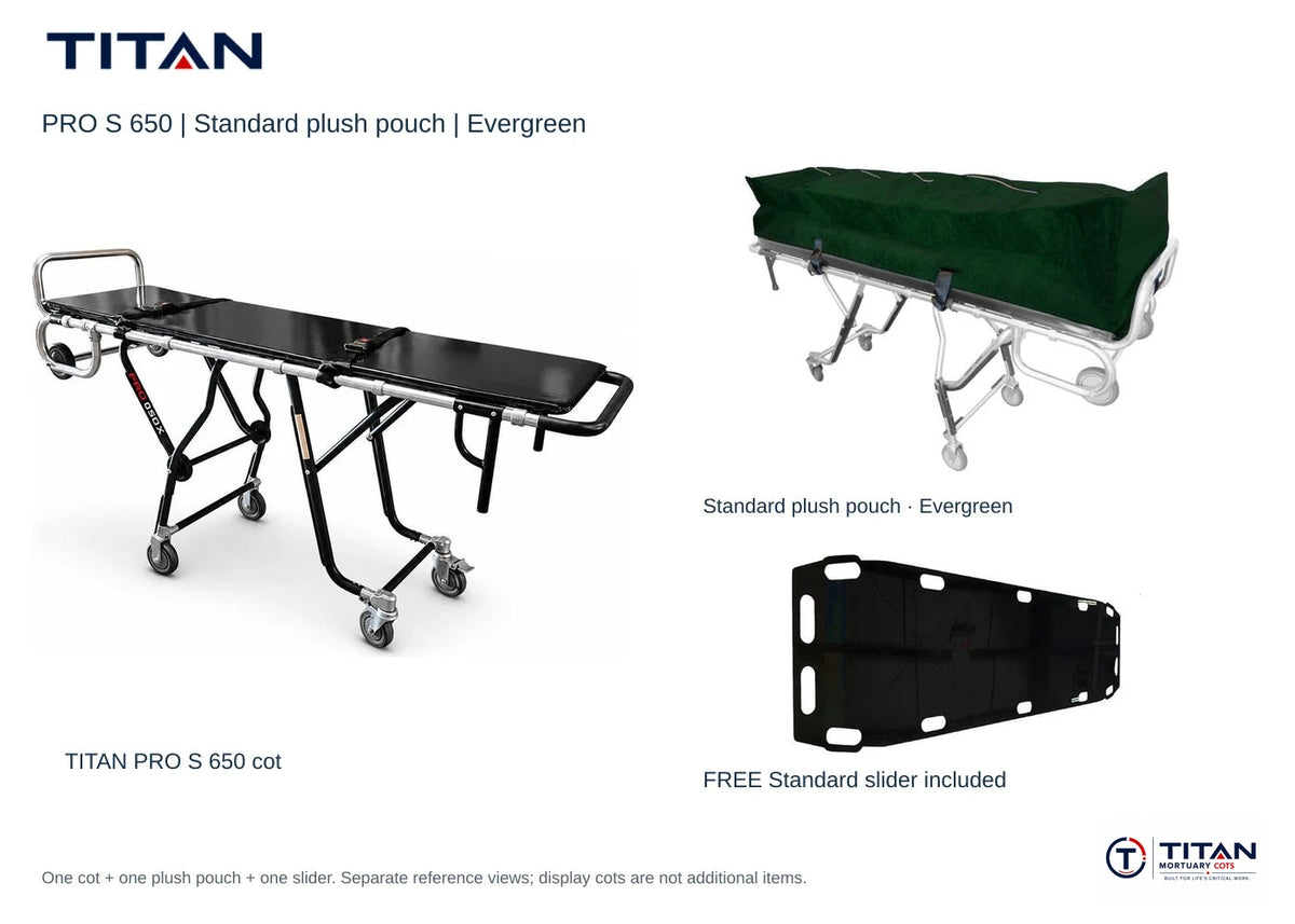TITAN PRO S 650 package, Evergreen: selected Standard plush pouch shown, plus included free Standard slider board. One cot supplied; separate reference views.