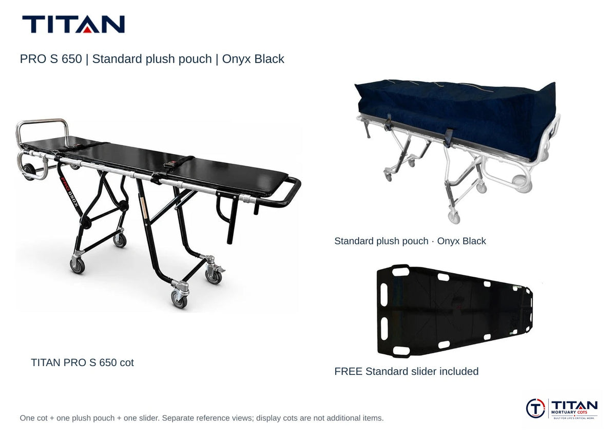 TITAN PRO S 650 package, Onyx Black: selected Standard plush pouch shown, plus included free Standard slider board. One cot supplied; separate reference views.