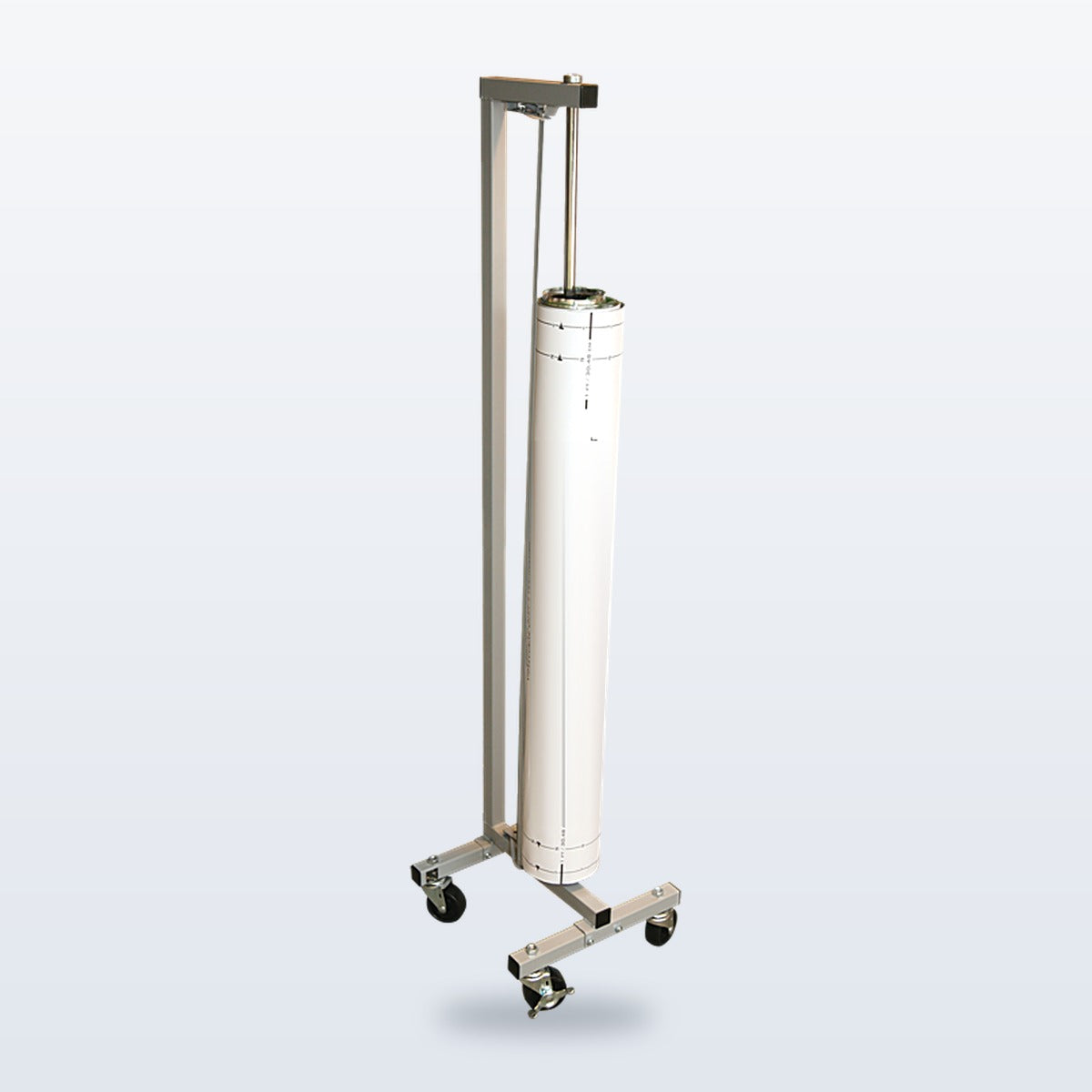 Vertical rolling dispenser stand holding a biocontainment pouch roll