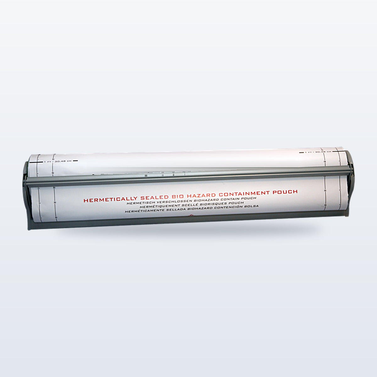 Wall or counter mount rack holding a biocontainment pouch roll