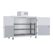 Front view of the American 3BX-SL side-loading upright mortuary cooler with extra-wide access