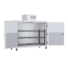 Front view of the American 3BX-SL side-loading upright mortuary cooler with extra-wide access