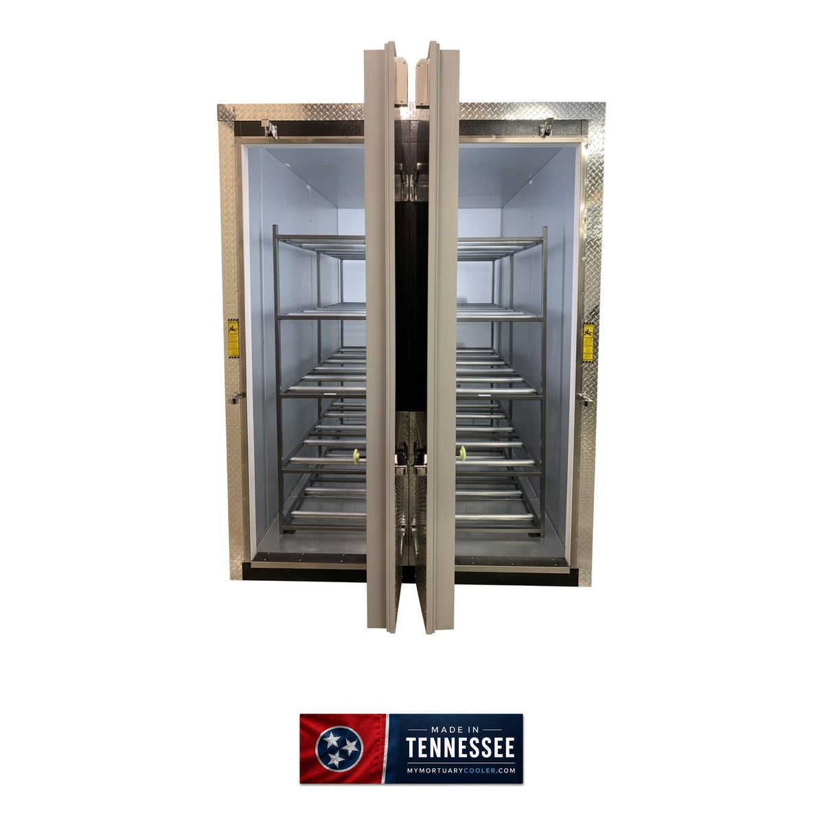 10 Body Dual-Door Upright Mortuary Cooler | Twin 5-Tier High-Density Cadaver Storage | American-Made Morgue Refrigeration