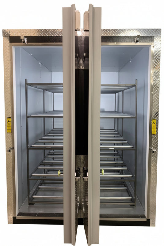 Exterior front view of the American Mortuary 10-body upright cooler featuring a two-door high-density vertical configuration, heavy-duty chrome hardware, and professional digital temperature control for morgues.