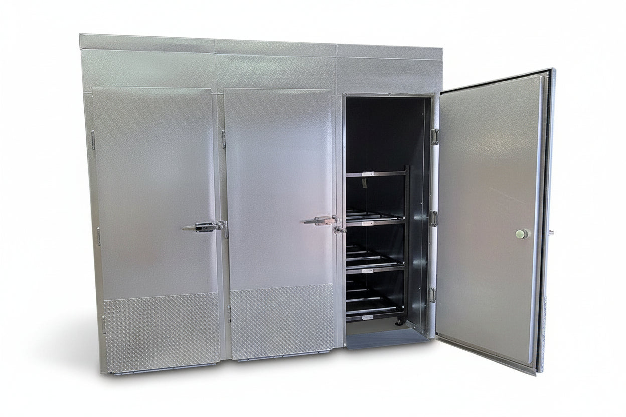 Exterior view of the American Mortuary 12-body upright cooler featuring three 31.5-inch wide oversized doors, heavy-duty chrome hardware, and a high-density vertical storage configuration for high-volume morgues.