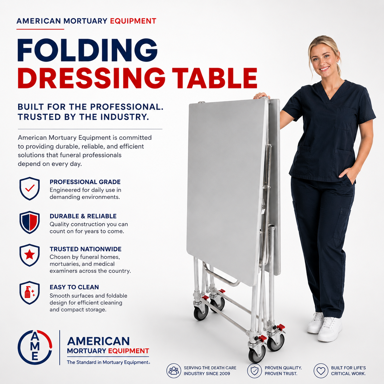 American Mortuary Equipment folding dressing table — stainless steel cadaver prep table, factory direct