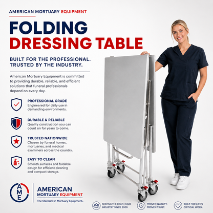 American Mortuary Equipment folding dressing table — stainless steel cadaver prep table, factory direct