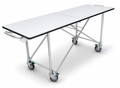 American-made folding mortuary dressing table — stainless steel cadaver prep surface with locking casters