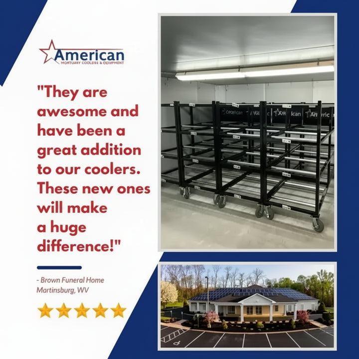 An integrated view of American Mortuary multi-directional storage racks and a heavy-duty hydraulic mortuary lift system, demonstrating efficient and safe one-person handling of body trays in a facility environment.