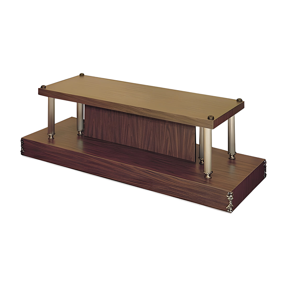 Aria Casket Bier in walnut laminate with bronze-plated trim by American Mortuary Equipment