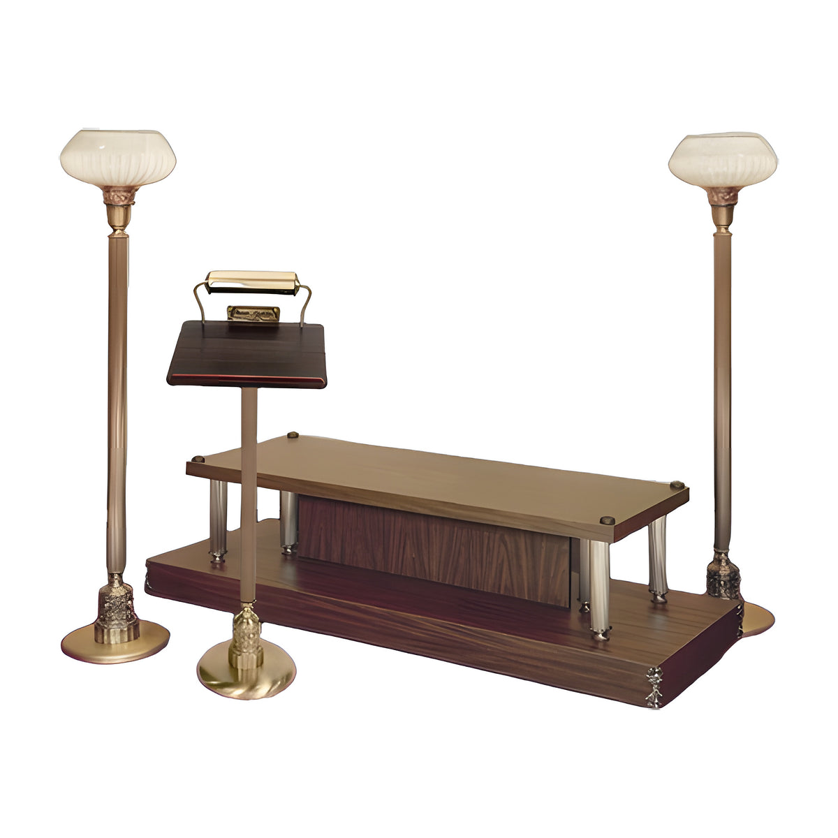 Aria Chapel Set in walnut laminate with bronze-plated trim by American Mortuary Equipment