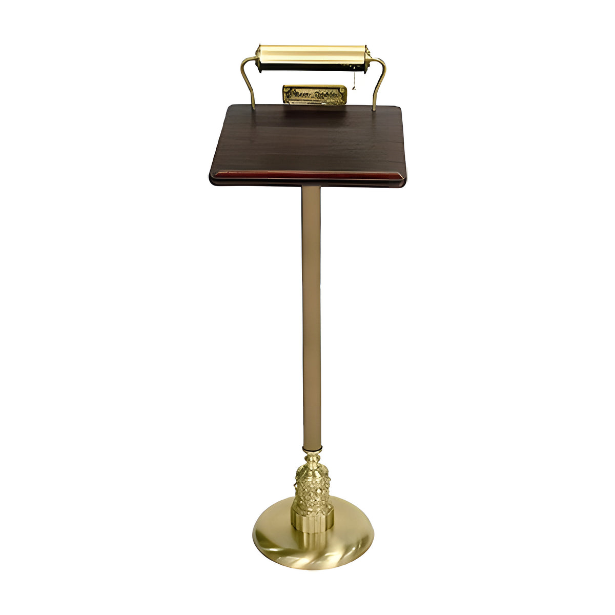 Aria Lectern & Register in walnut laminate with bronze-plated trim by American Mortuary Equipment