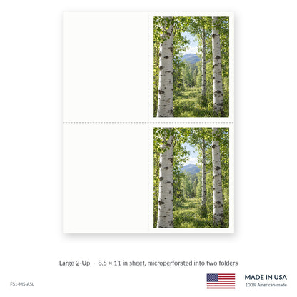 Aspen Grove funeral service folders, Large 2-Up 8.5 × 11 in sheet microperforated into two folders, Funeral Source One FS1-MS-ASL