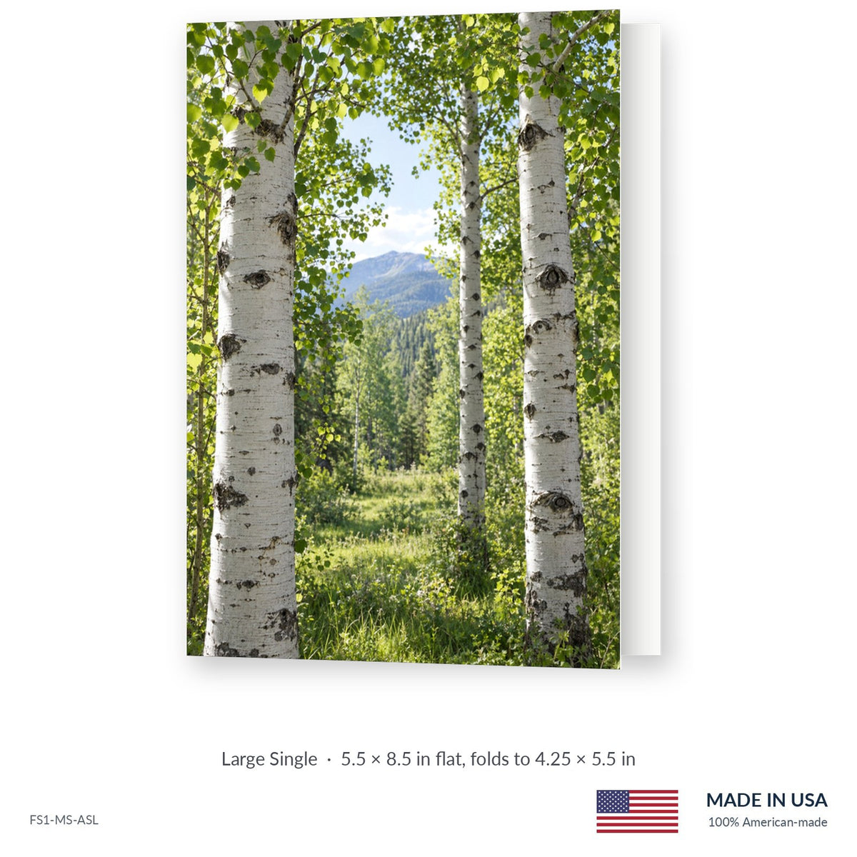 Aspen Grove funeral service folder, Large Single 5.5 × 8.5 in, shown slightly open, Funeral Source One FS1-MS-ASL, Made in the USA