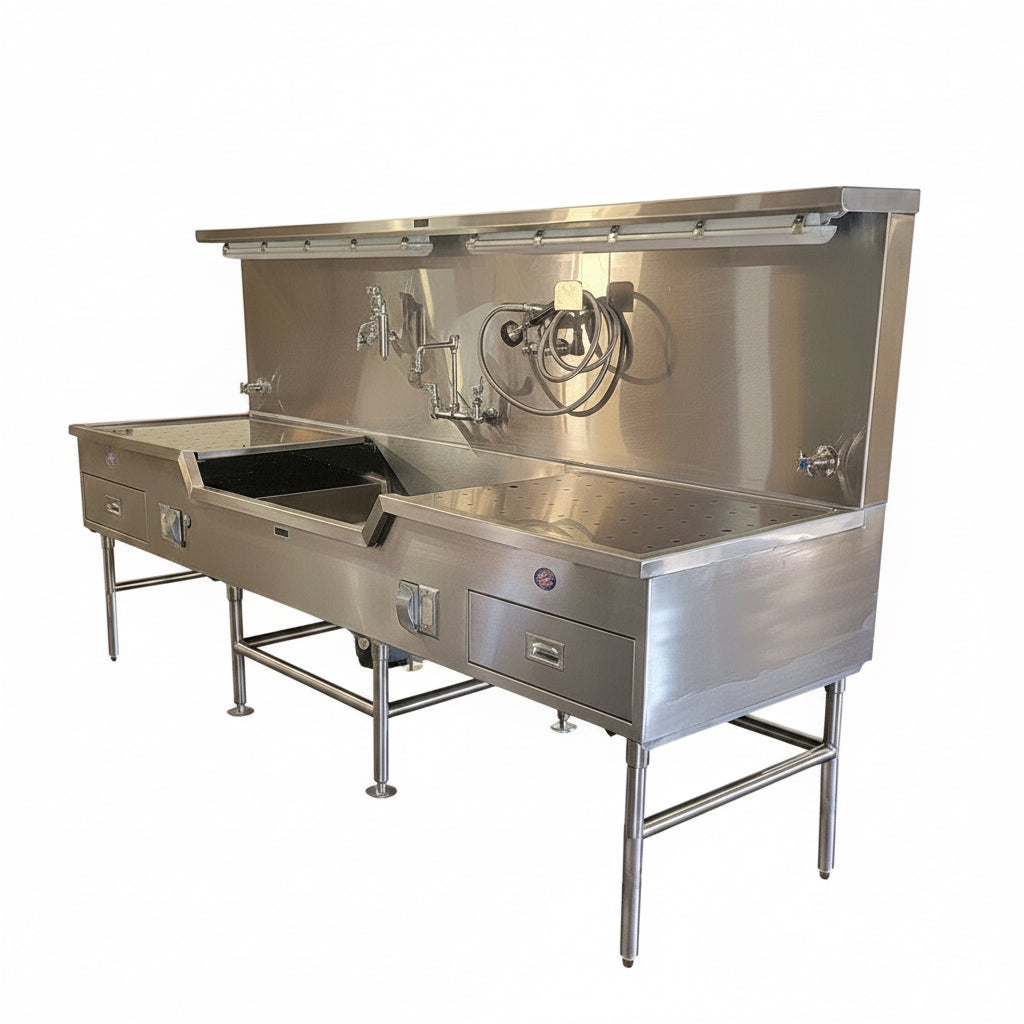 Center sink with dissection rinse control on stainless autopsy lab station