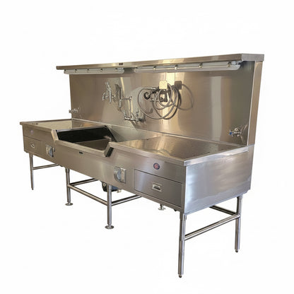 Center sink with dissection rinse control on stainless autopsy lab station