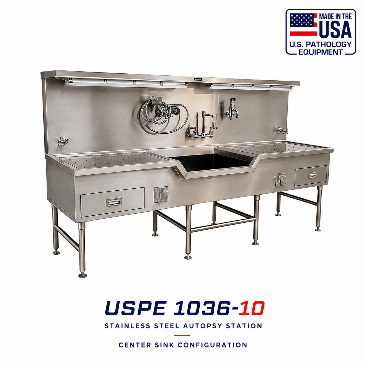 Autopsy Station with Center Sink | 304 Stainless Lab Dissection Sink | Hydro Aspirator | American-Made Pathology Equipment
