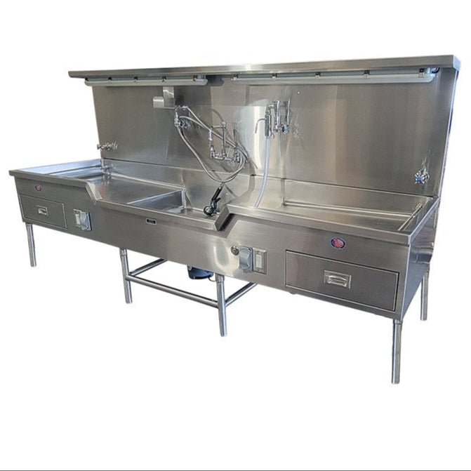 Left, right or center sink and vented options on 304 stainless autopsy lab station