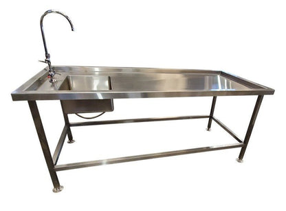 Central pedestal autopsy table with 32 to 38 inch adjustable height