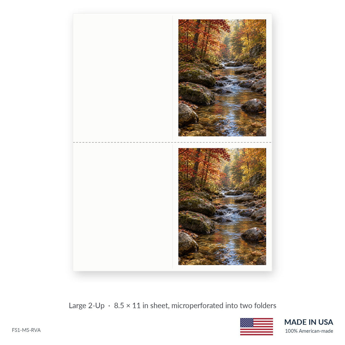Autumn Creek funeral service folders, Large 2-Up 8.5 × 11 in sheet microperforated into two folders, Funeral Source One FS1-MS-RVA
