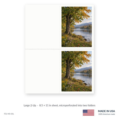 Autumn Riverbank funeral service folders, Large 2-Up 8.5 × 11 in sheet microperforated into two folders, Funeral Source One FS1-MS-SOL