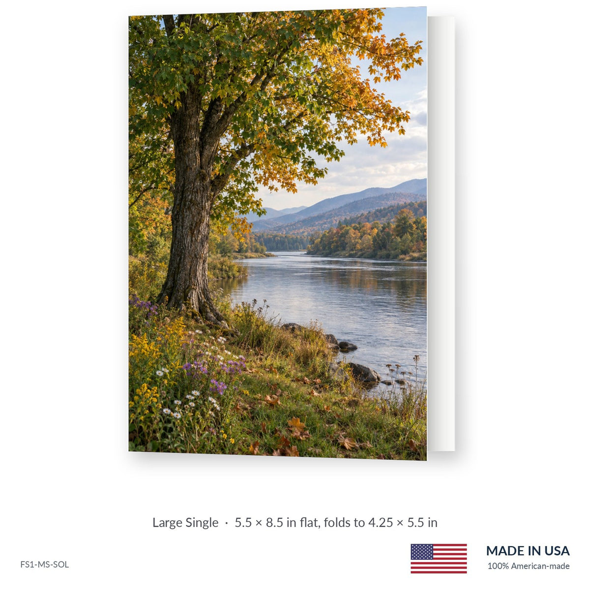 Autumn Riverbank funeral service folder, Large Single 5.5 × 8.5 in, shown slightly open, Funeral Source One FS1-MS-SOL, Made in the USA