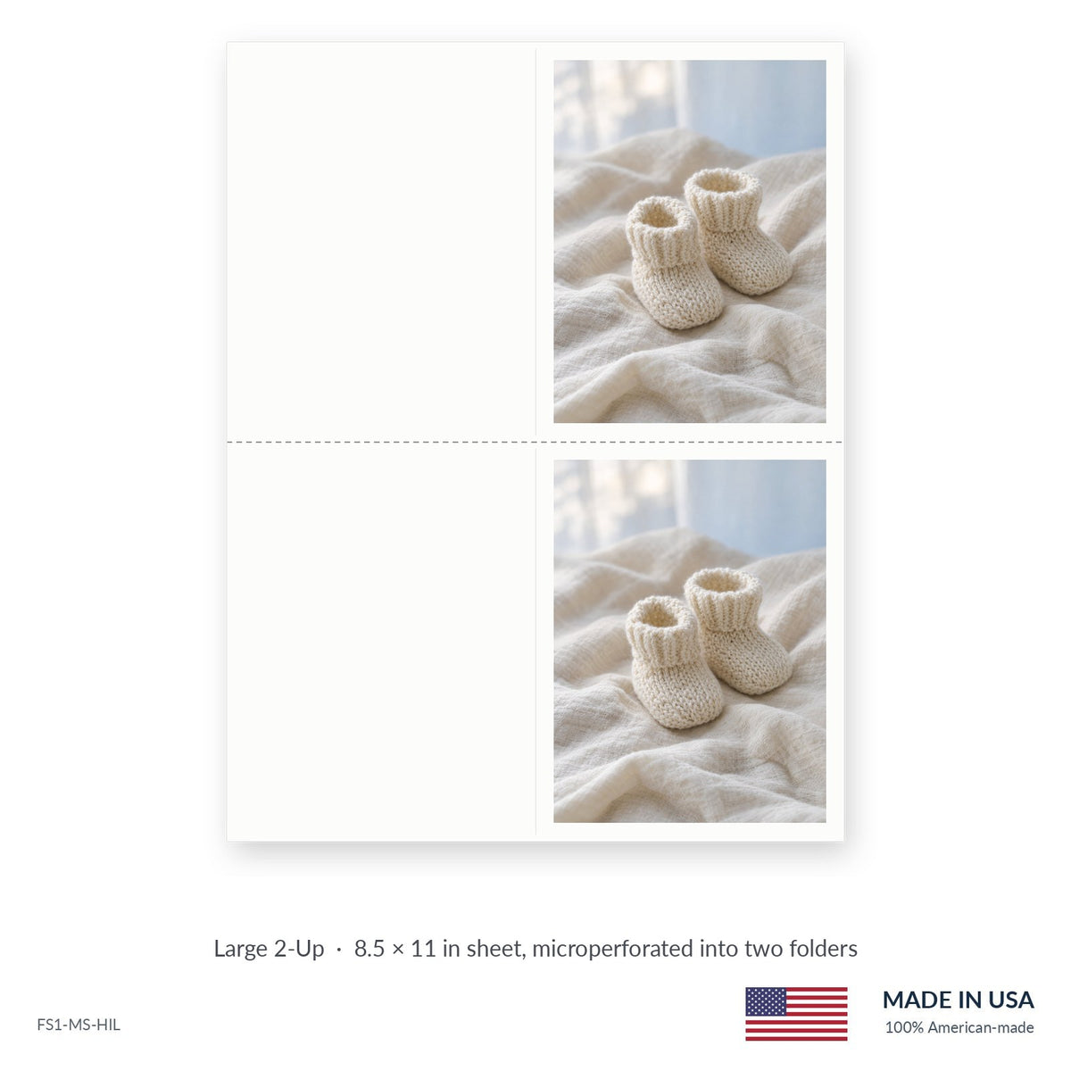 Baby Booties funeral service folders, Large 2-Up 8.5 × 11 in sheet microperforated into two folders, Funeral Source One FS1-MS-HIL