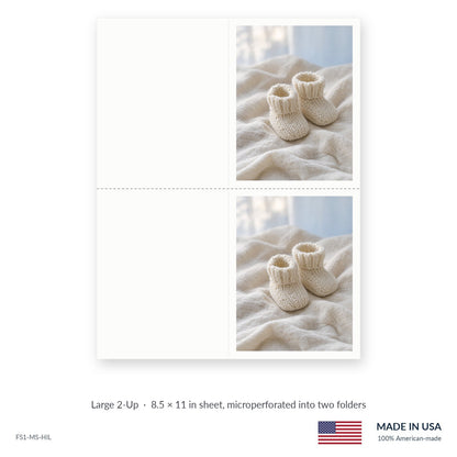 Baby Booties funeral service folders, Large 2-Up 8.5 × 11 in sheet microperforated into two folders, Funeral Source One FS1-MS-HIL