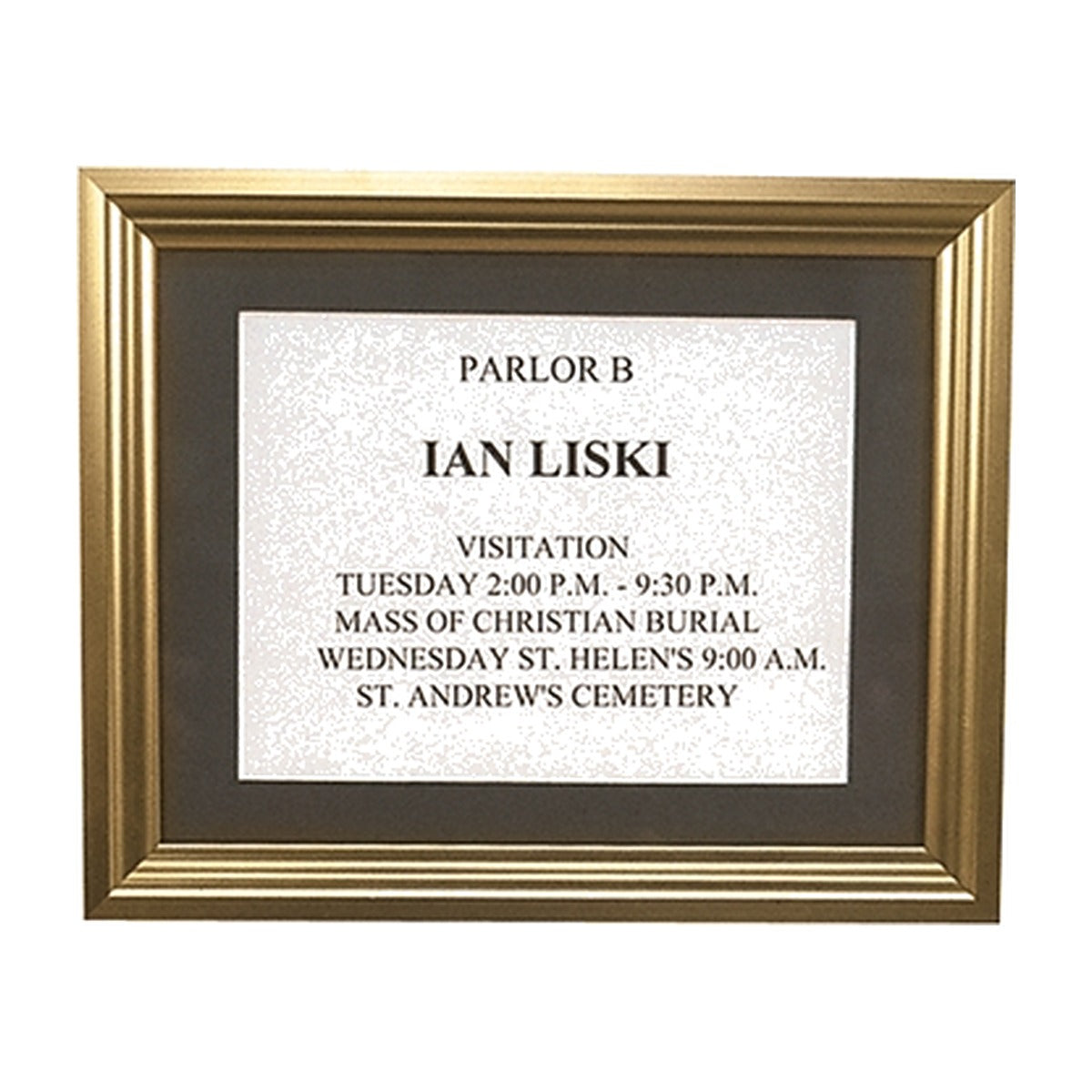 Back-opening single panel wall directory with brass frame and dark background mat