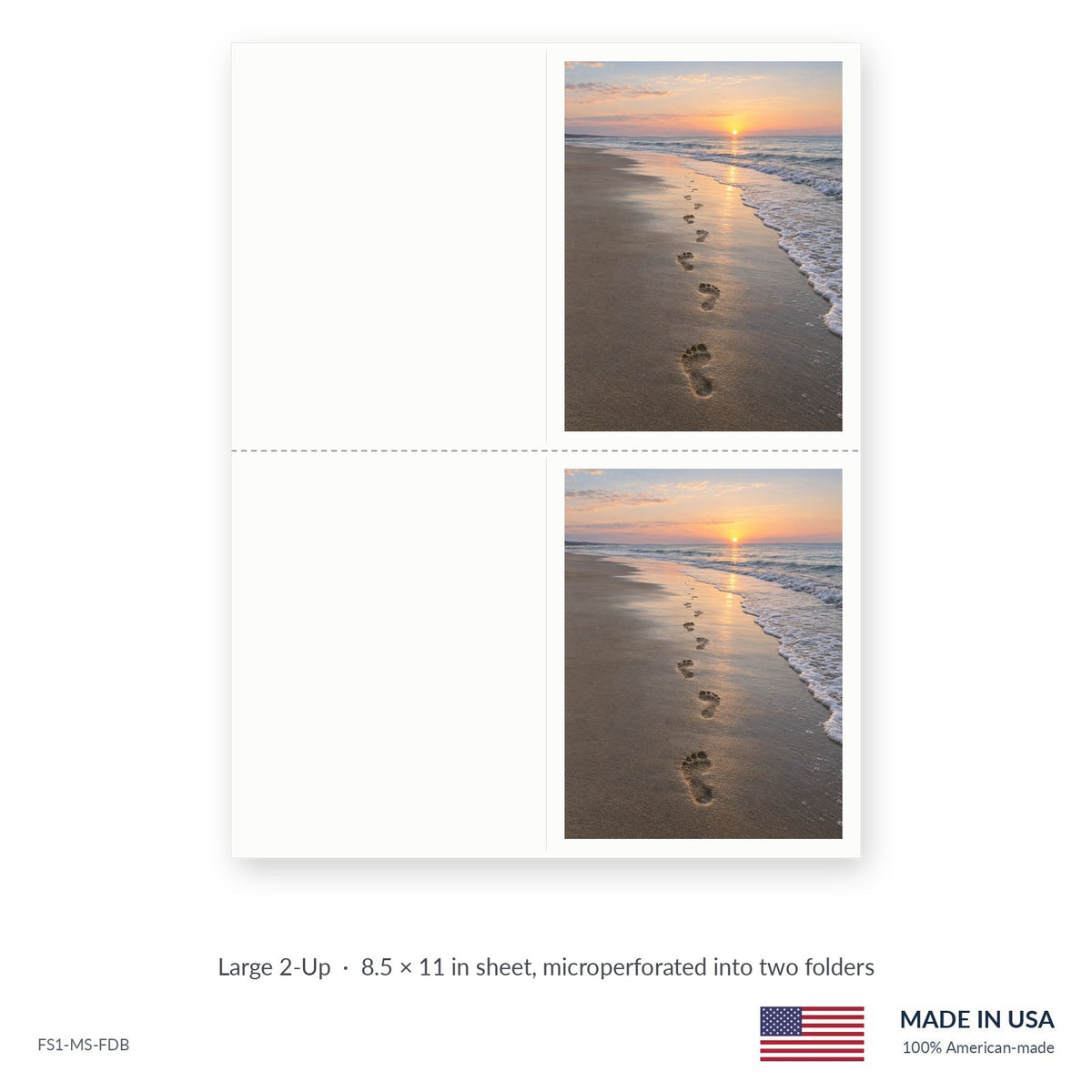 Beach Footprints funeral service folders, Large 2-Up 8.5 × 11 in sheet microperforated into two folders, Funeral Source One FS1-MS-FDB