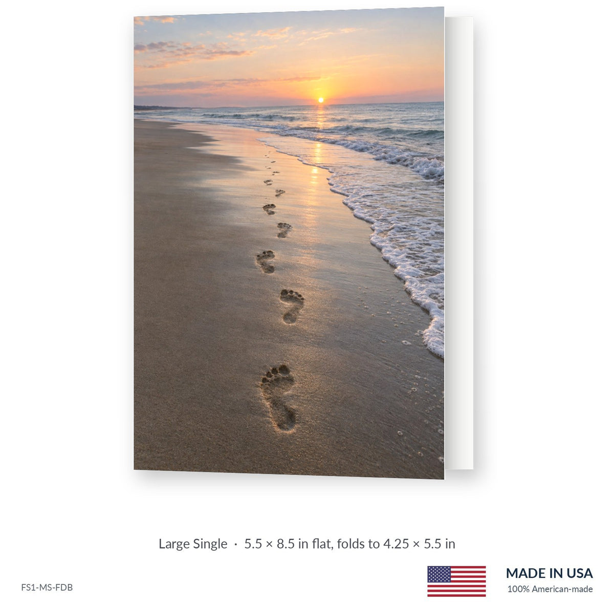 Beach Footprints funeral service folder, Large Single 5.5 × 8.5 in, shown slightly open, Funeral Source One FS1-MS-FDB, Made in the USA