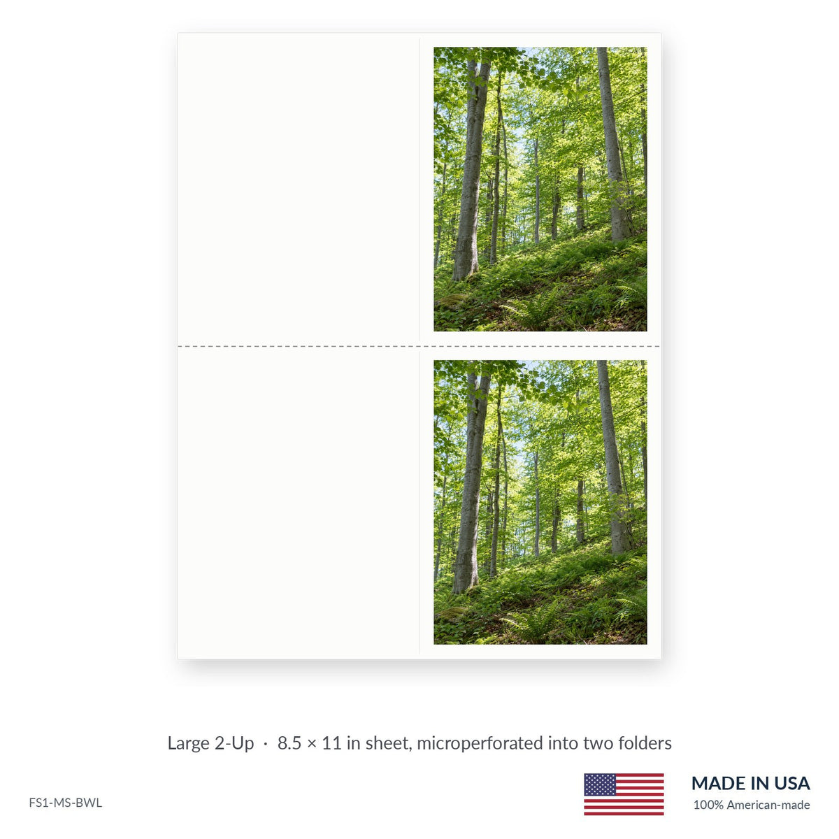 Beech Grove funeral service folders, Large 2-Up 8.5 × 11 in sheet microperforated into two folders, Funeral Source One FS1-MS-BWL