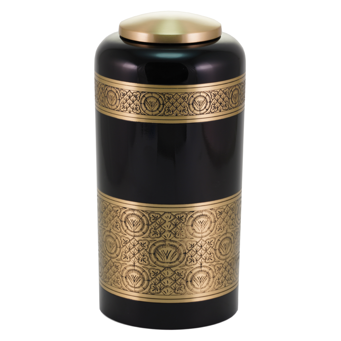 Black and Gold Etched Brass Full Size Cremation Urn, Full Size (Adult), 11.22 x 5.24 x 5.24 in