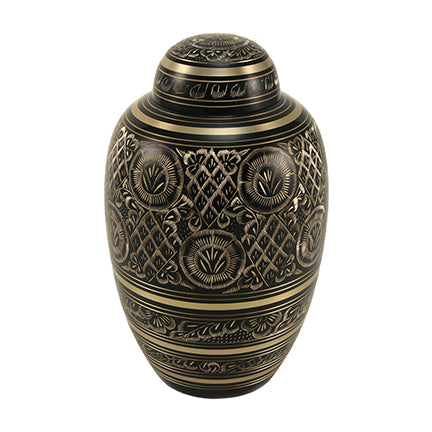 Black and Gold Etched Floral Brass Full Size Cremation Urn, Full Size (Adult), 10.6 x 6.3 x 6.3 in